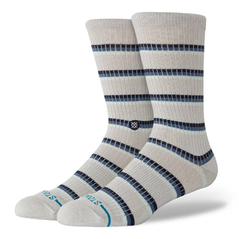 Pair of gray socks with blue stripes on a white background