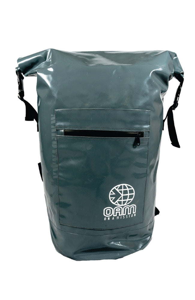 Grey waterproof backpack with a visible brand logo on a white background