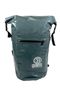 Grey waterproof backpack with a visible brand logo on a white background