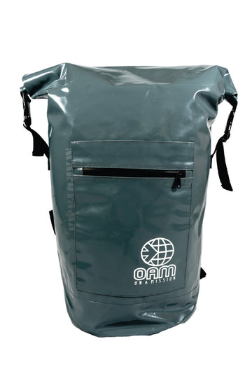 Grey waterproof backpack with a visible brand logo on a white background