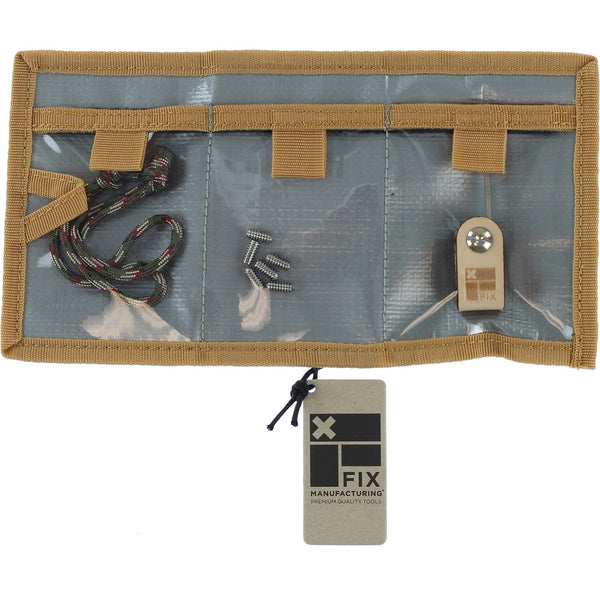 A FIX MANUFACTURING surf tool kit including fin screws, a leash string, and a fin key, displayed in an open beige case with a clear bottom.