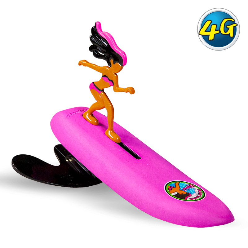 A Surfer Dudes Classics Series 2 toy featuring a plastic figurine of a surfer on a blue surfboard with a boomerang action wing in orange.