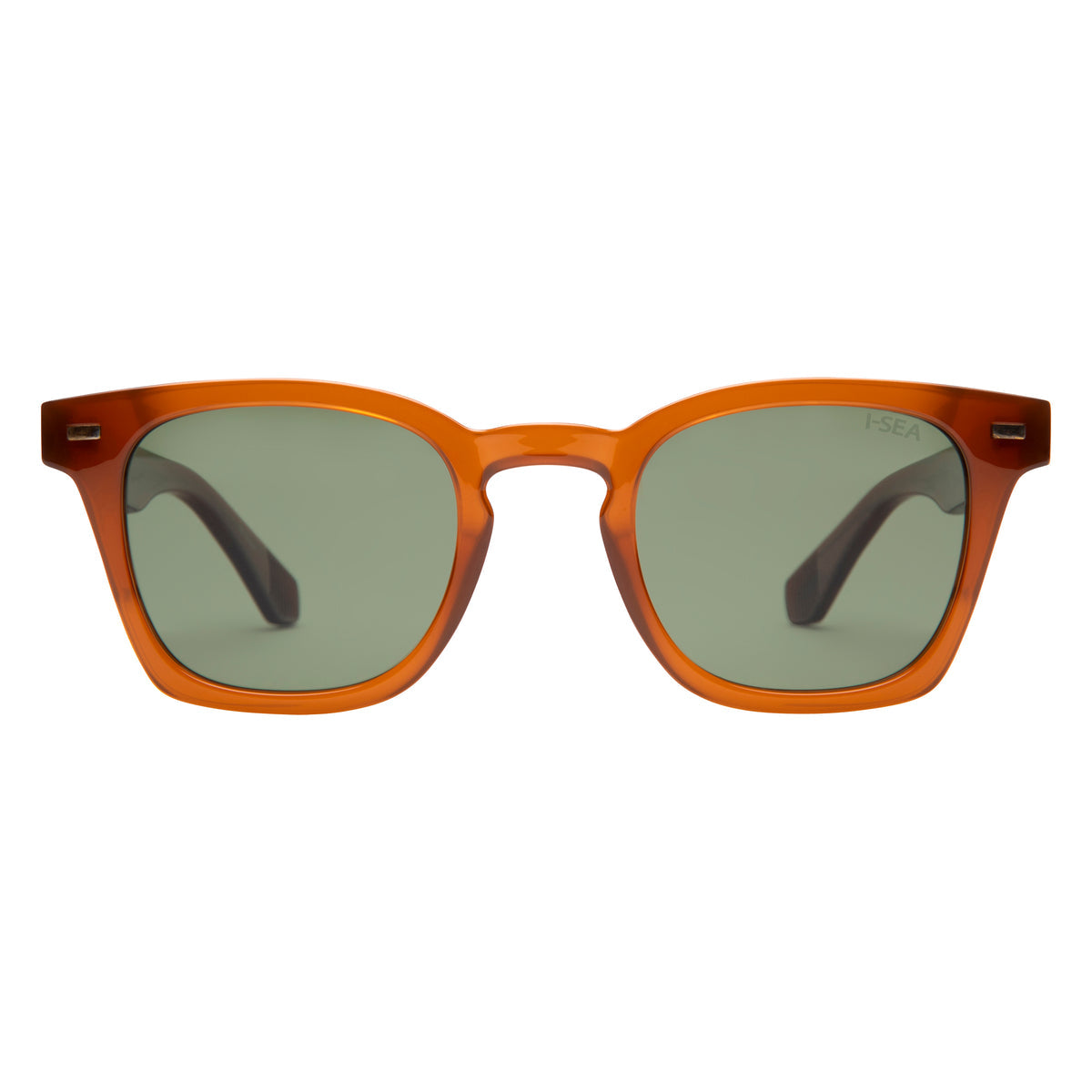 Sunglasses with brown frame and green lenses on a white background