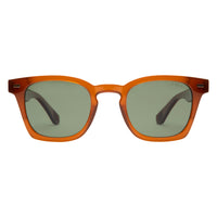 Sunglasses with brown frame and green lenses on a white background