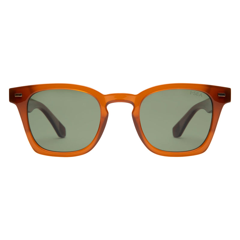 Sunglasses with brown frame and green lenses on a white background