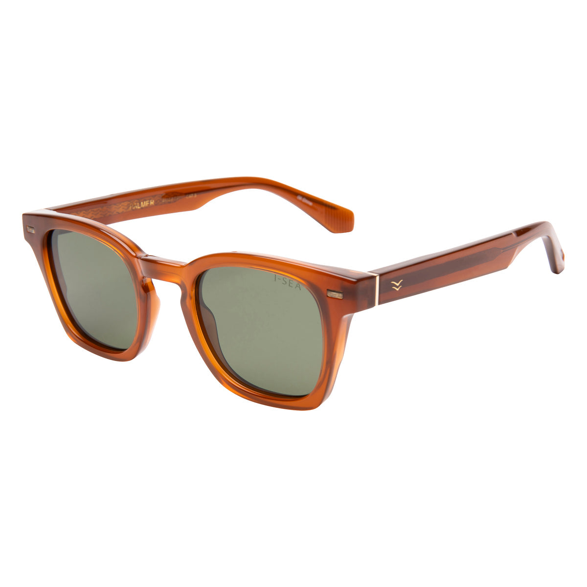Brown sunglasses with green lenses on a white background