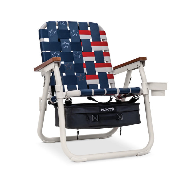 Foldable chair with a red, white, and blue pattern on a white background