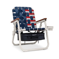 Foldable chair with a red, white, and blue pattern on a white background