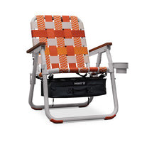 Foldable chair with white, orange and red woven backrest on a white background