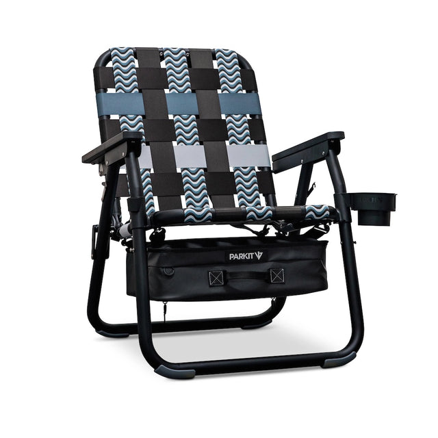 Foldable chair with black and blue woven backrest on a white background