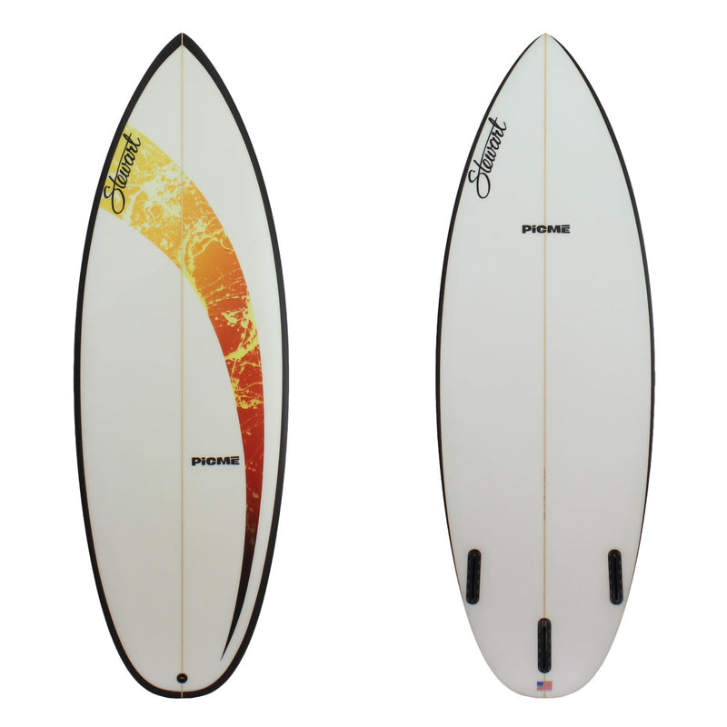 Deck and bottom view of a Stewart Pigme Short board with a sand finish, black rails, white deck with a red and orange swoosh 