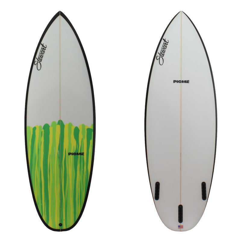 Deck and bottom view of a Stewart Pigme Short board with a sand finish, black rails, white bottom, and a green and yellow paint drip on the bottom half of board