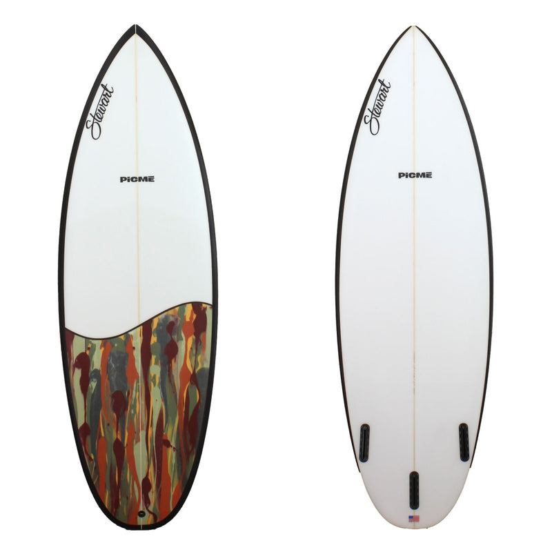 A STEWART PIGME POLY SHORTBOARD WITH A CAMO COLORED PAINT SWIRL ON THE TAIL AND BLACK RAILS