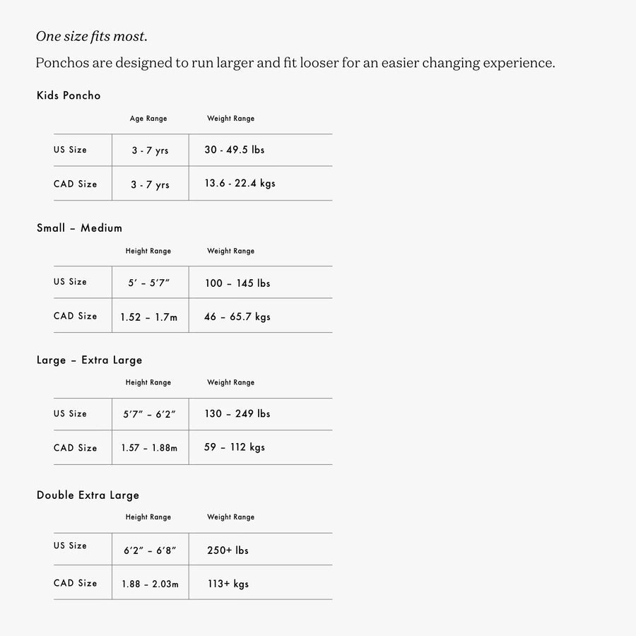 Size chart for ponchos with age range, weight range, and height range information.
