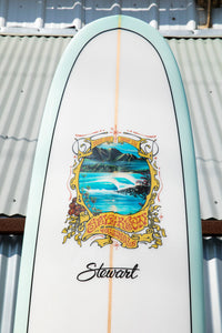 Detail of the art laminate on the nose of the surfboard