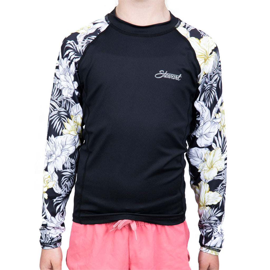 Front view of girls black rashguard with floral print sleeves