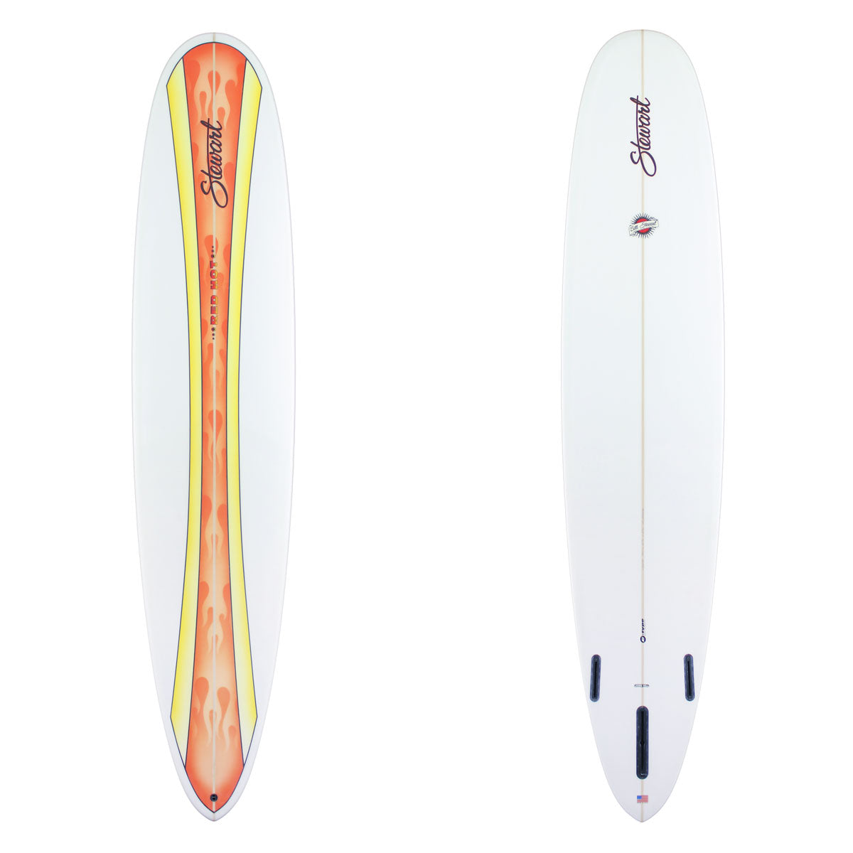9'0" Red Hot (9'0", 22 3/4", 2 3/4") B#130148 EPS. The deck a yellow curved band with orange flames in the interior panel. The bottom is white. There is black branding on both sides.