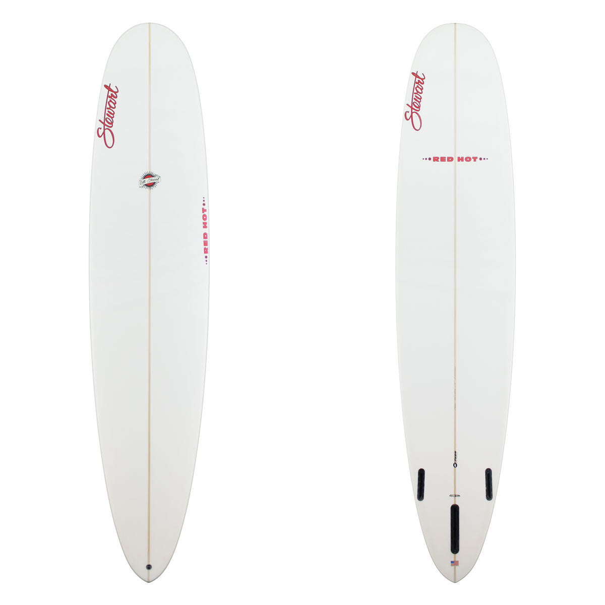 A white surfboard shown from two angles, front and back, on a plain white background. The front view shows the nose with a red script logo, a central fin hole, and a thin gold centerline.