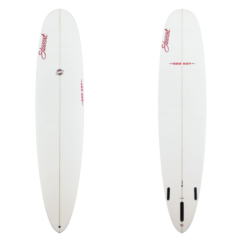 A white surfboard shown from two angles, front and back, on a plain white background. The front view shows the nose with a red script logo, a central fin hole, and a thin gold centerline.
