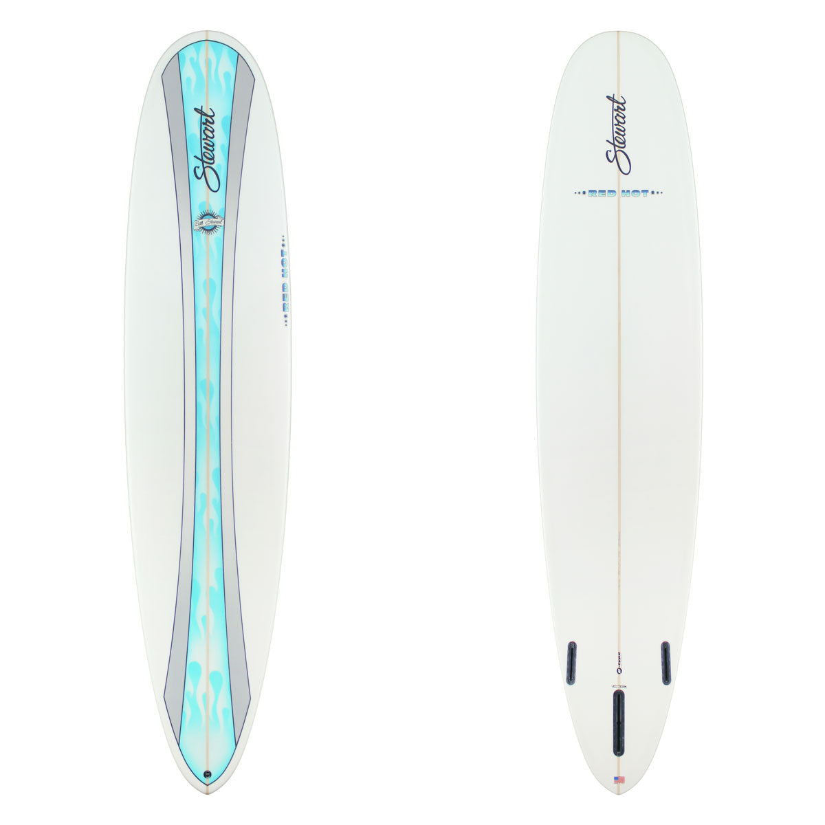 Stewart Longboard 9'0" Red Hot (9'0", 24", 3 3/8") B#130178 with a light blue flame spray panel on the center deck