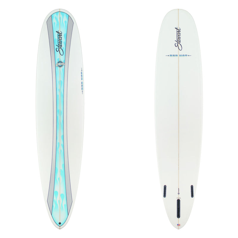 Stewart Longboard 9'0" Red Hot (9'0", 24", 3 3/8") B#130178 with a light blue flame spray panel on the center deck