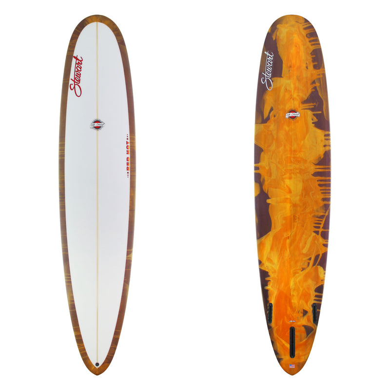 Stewart Longboard 9'0" Red Hot (9'0", 23 1/2", 3 1/8") B#130164 with an orange and brown resin swirl on the bottom and rails
