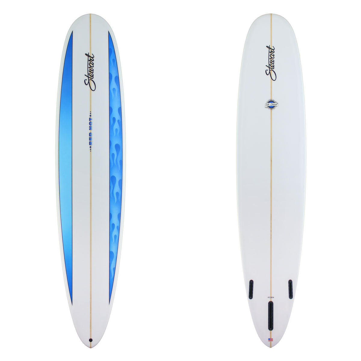 Stewart RedHot with  A blue panel on the left side and Blu flames on the right rail. 
The Bottom is white. There is blacking branding on both sides.