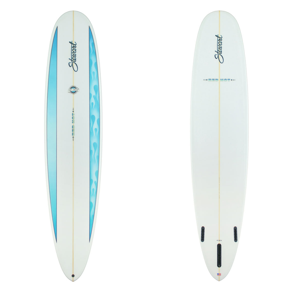 Stewart Longboard 9'0" Red Hot (9'0", 23 1/2", 3 1/8") B#130162 with 2 blue panels with flames on the deck