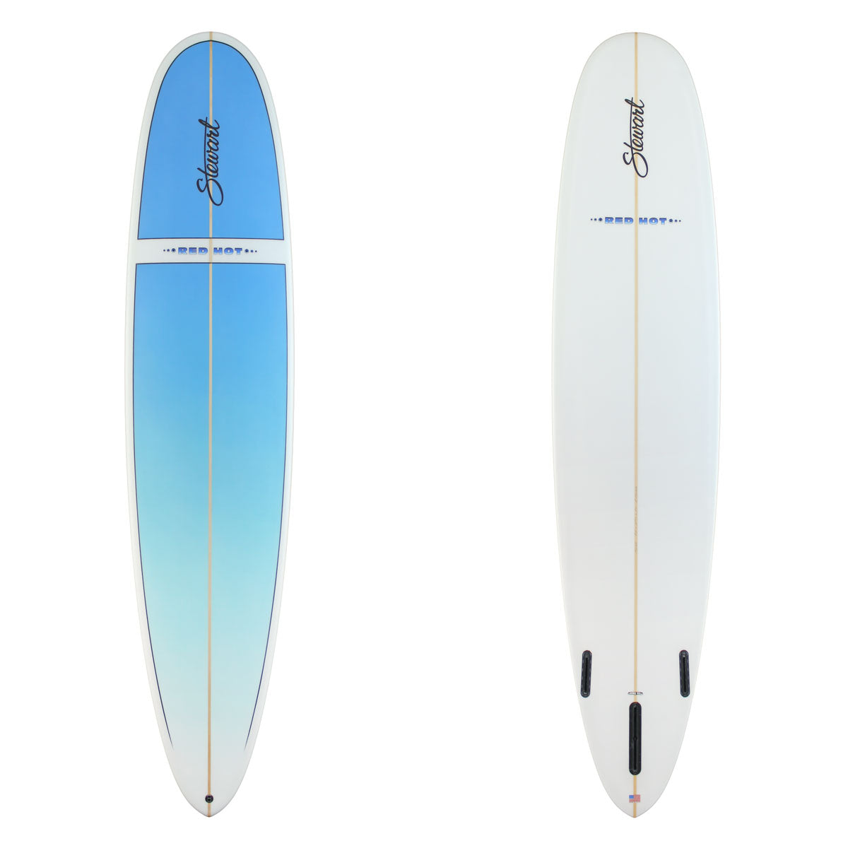 9'0" Red Hot (9'0", 23 3/4", 3 1/4") B#130168 The board has a Blue nose pane and blue to clear fade on the deck. The bottom is white. There is black branding on both sides.
