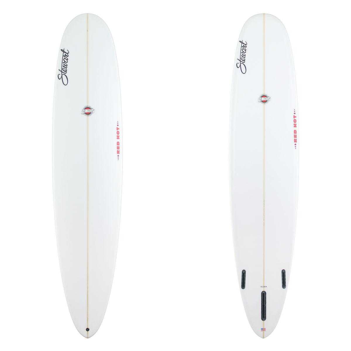 9'0" Red Hot (9'0", 23 3/4", 3 1/4") B#130169 The deck and bottom are white with black and red branding.