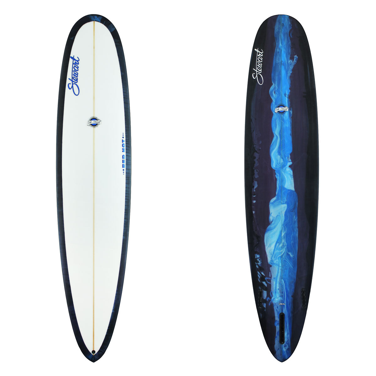 Stewart Longboard 9'0" Red Hot (9'0", 23 3/4", 3 1/4") B#130170 Sanded Gloss & Polish with a blue and white resin swirl on the bottom and rails
