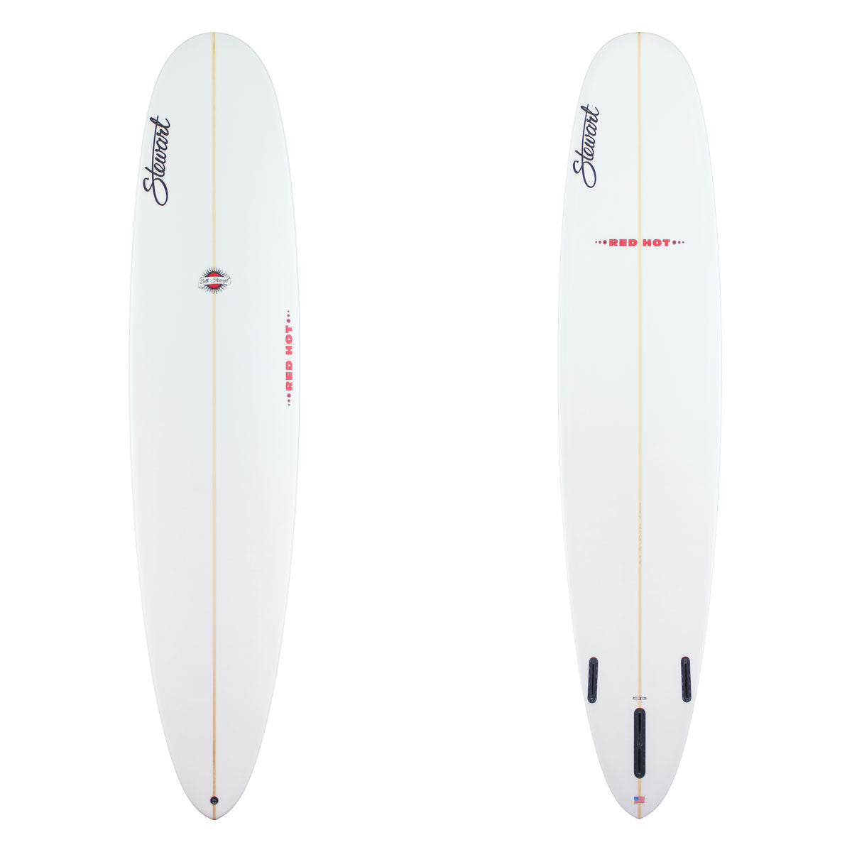 Front and back views of a white surfboard on a plain white background. The top view shows the nose, a central gold line, a small red-and-black logo, and red text near the tail.