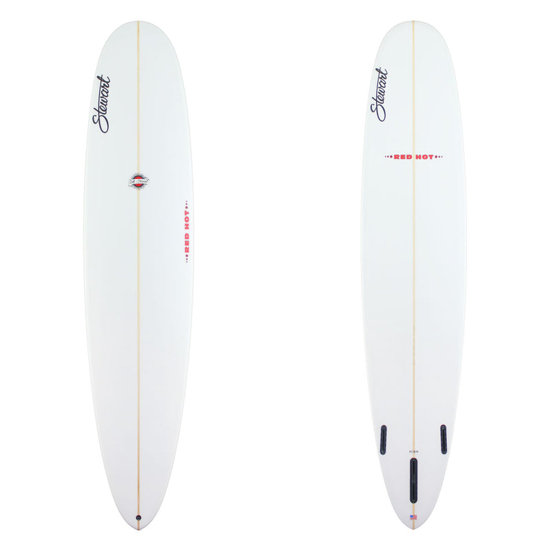 Front and back views of a white surfboard on a plain white background. The top view shows the nose, a central gold line, a small red-and-black logo, and red text near the tail.