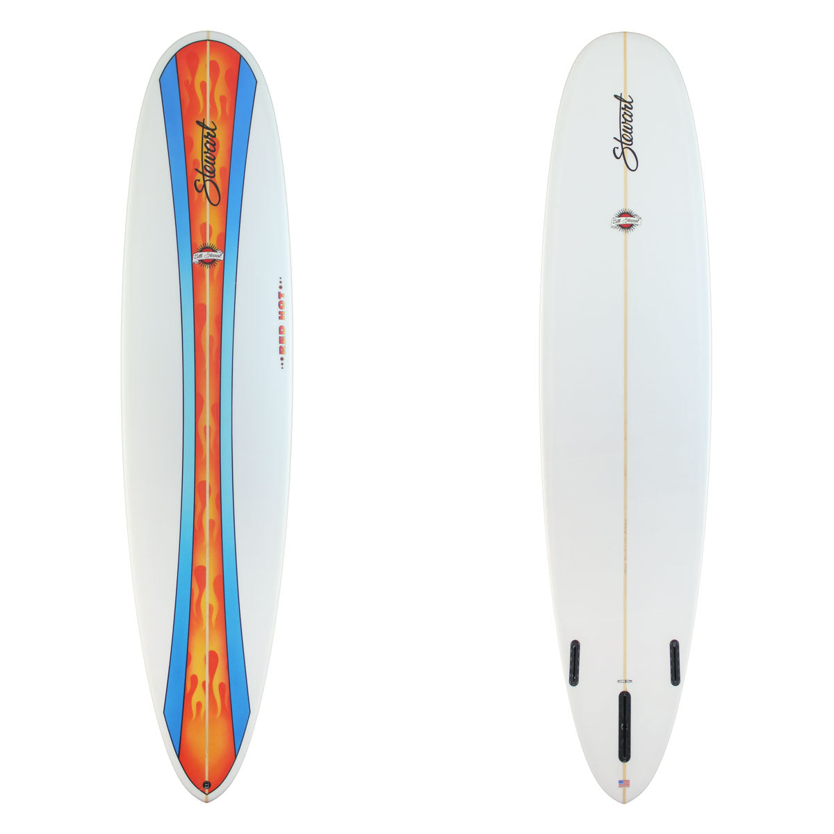9'0" Red Hot (9'0", 24 1/2", 3 1/2") B#130180 The Top has a curved orange flame panel with bule fade boarders. The bottom is white. There is black and red branding on both sides.