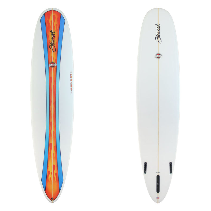 9'0" Red Hot (9'0", 24 1/2", 3 1/2") B#130180 The Top has a curved orange flame panel with bule fade boarders. The bottom is white. There is black and red branding on both sides.