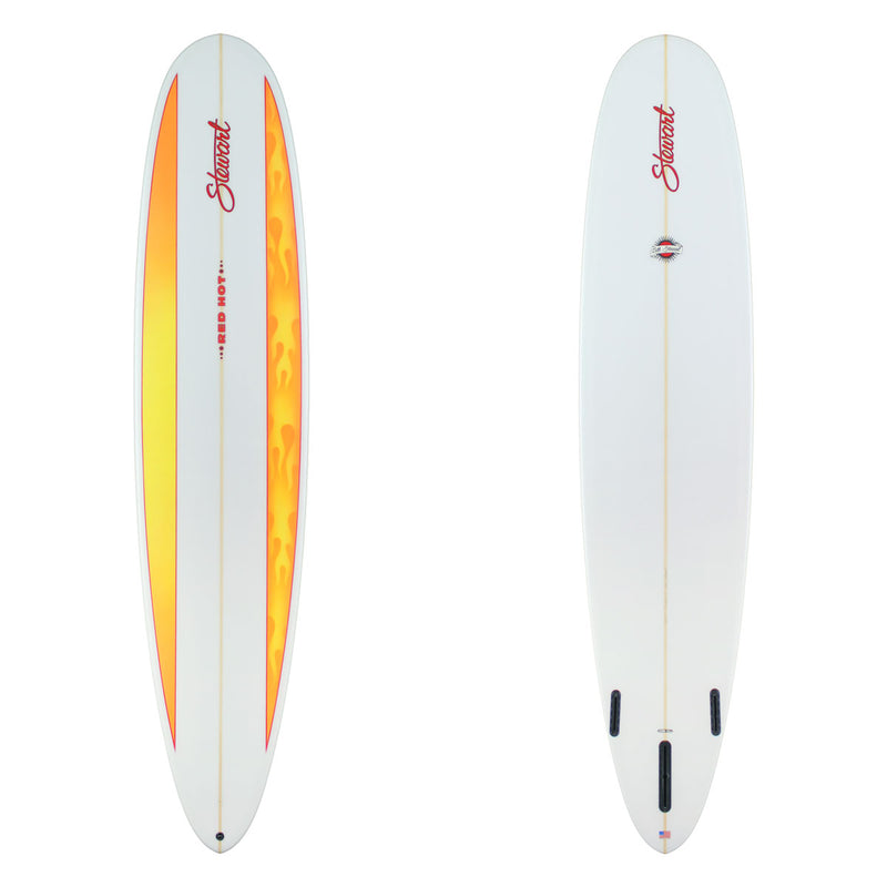 Stewart Longboard 9'0" Red Hot (9'0", 23 1/2", 3") B#130259 with a split panel yellow flame spray on the deck