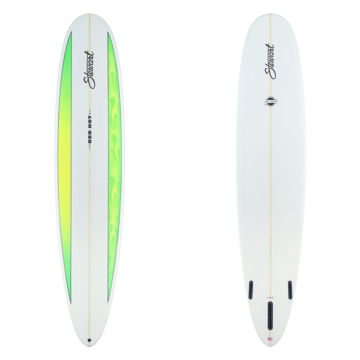 Stewart Longboard 9'0" Red Hot (9'0", 23", 3") B#130279 with a split panel green flame spray on the deck