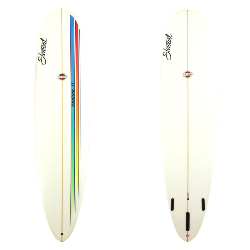 Stewart Surfboards Redline 11 longboard (9'0, 23 3/4", 3 1/2") with blue/green and red/yellow stripes on deck