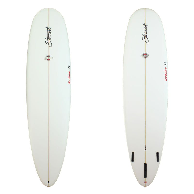 Deck and bottom view of a Stewart Redline-11 Longboard with no colorwork and a sand finish 