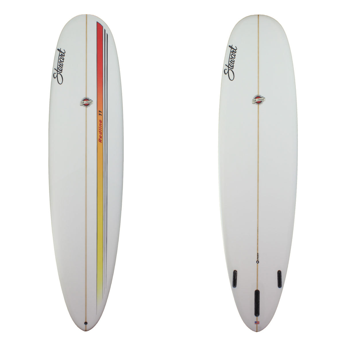Deck and bottom view of a Stewart Redline 11 Longboard with a red stripe fading into orange then fading into yellow down the right side of the board and sand finish