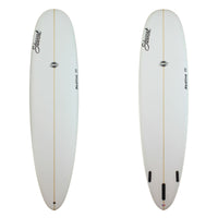 Deck and bottom view of a Stewart Redline-11 Longboard with no color work and a sand finish