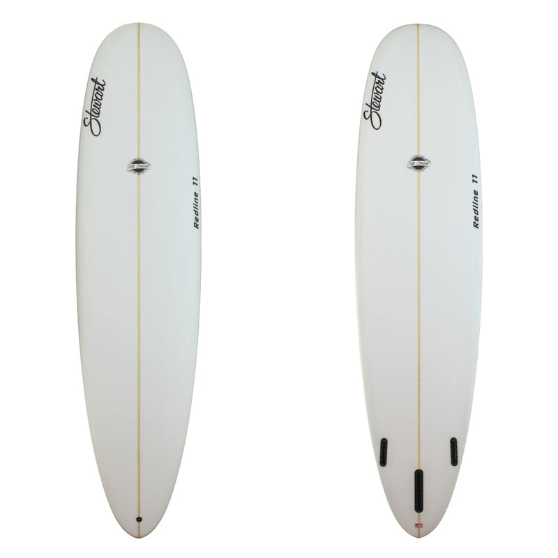Deck and bottom view of a Stewart Redline-11 Longboard with no color work and a sand finish 