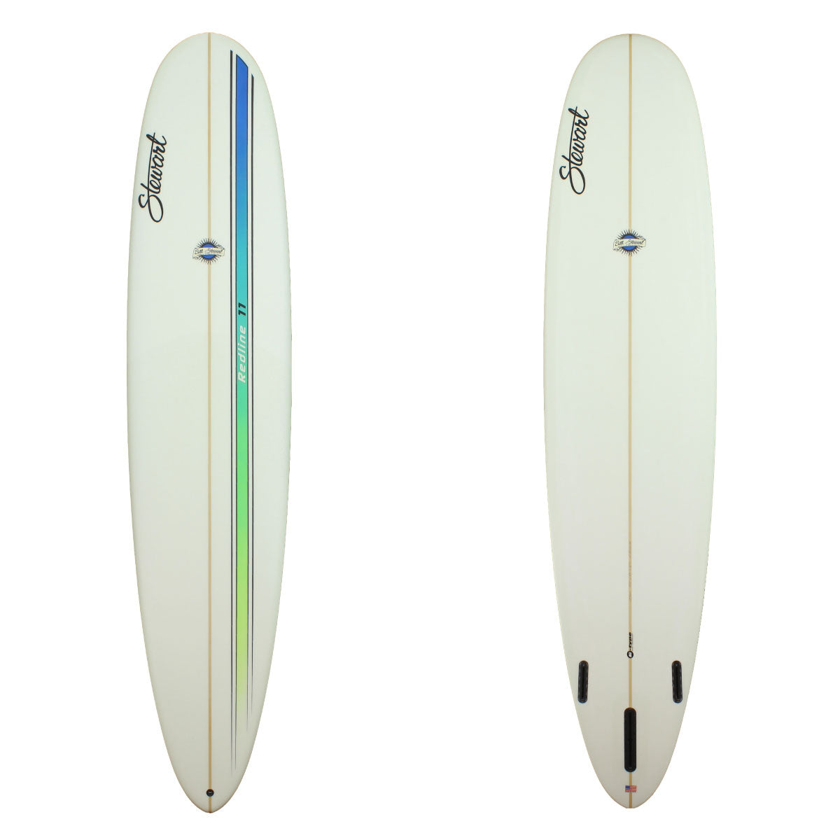 Deck and Bottom View of a Stewart Redline-11 Longboard with a Blue stripe fading into green and then yellow on the right side of the board with black pinlines on either side of the stripe on the deck and a clear bottom sand finish