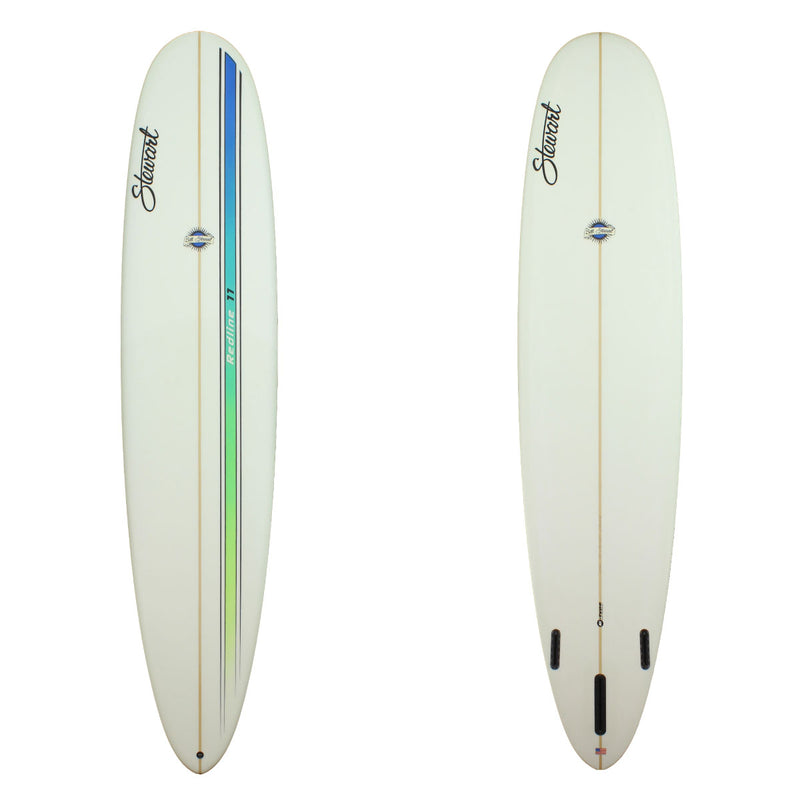 Deck and Bottom View of a Stewart Redline-11 Longboard with a Blue stripe fading into green and then yellow on the right side of the board with black pinlines on either side of the stripe on the deck and a clear bottom sand finish 