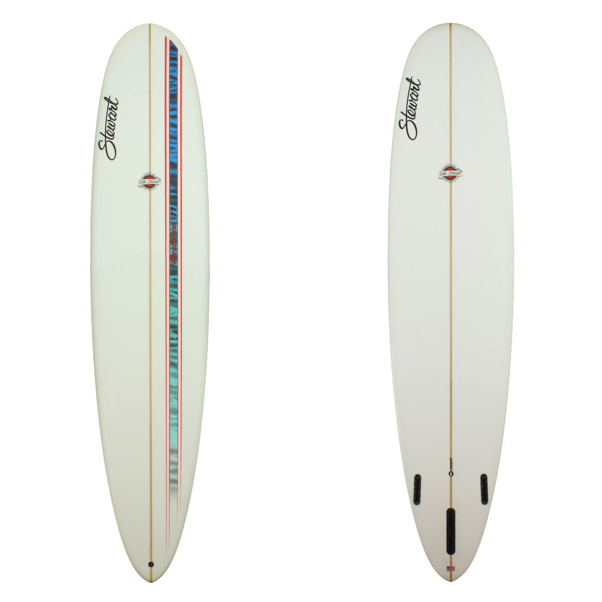 Deck and Bottom view of a Stewart Redline-11 with a blue and black stripe on the right hand side fading into a blue with red pinlines on the side of it and then no color work sand finish