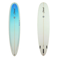 Deck and Bottom View of a Stewart redline-11 with a Blue fade from the nose to the tail on the deck with white rails and bottom sand finish