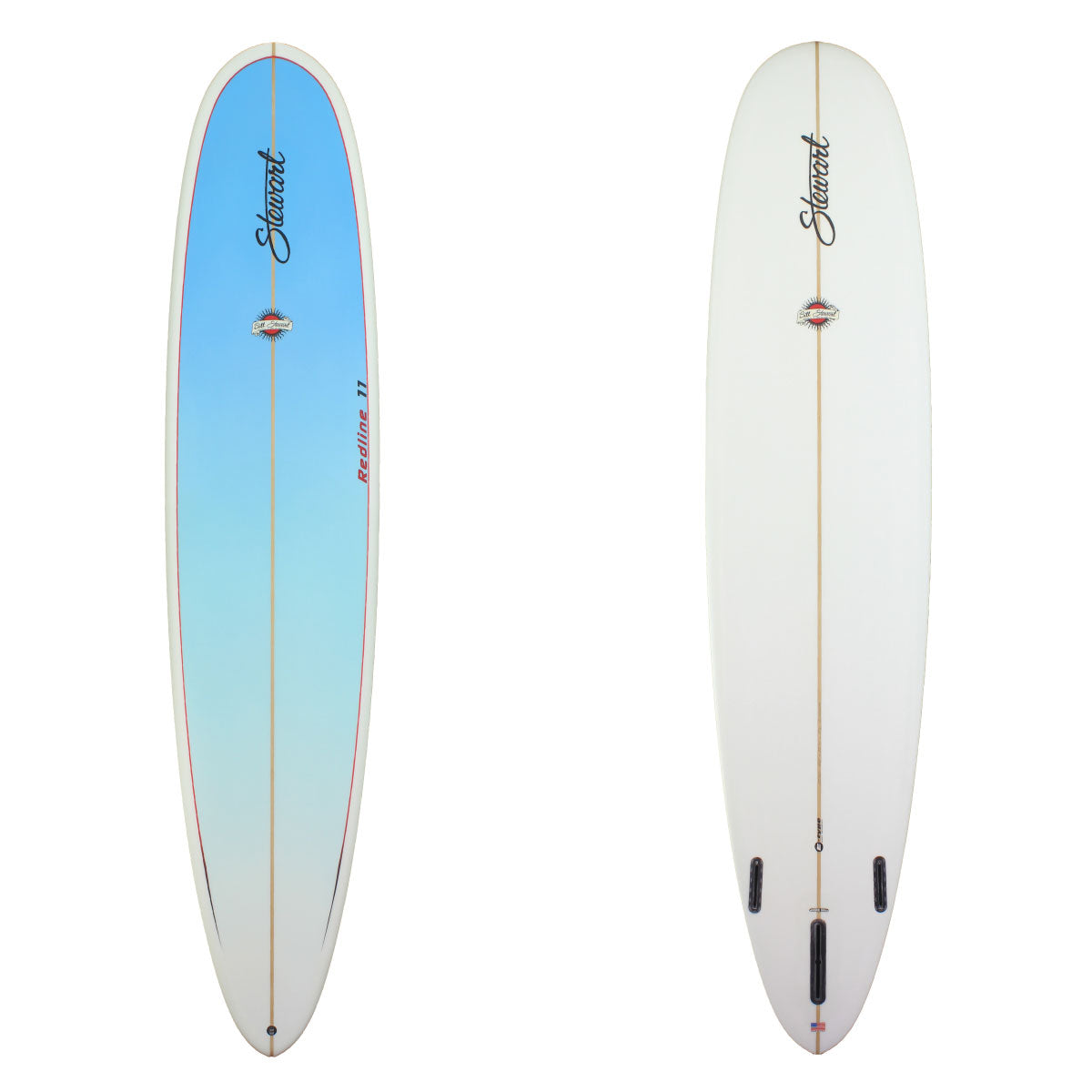 Deck and Bottom View of a stewart redline-11 with a blue deck and red pinline and white bottom sand finish 