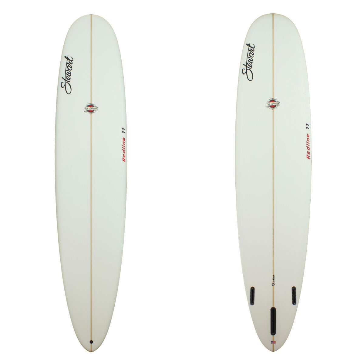 Deck and Bottom View of a stewart redline-11 longboard with red logos and no color work sand finish