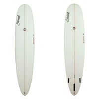 Deck and Bottom View of a stewart redline-11 longboard with red logos and no color work sand finish