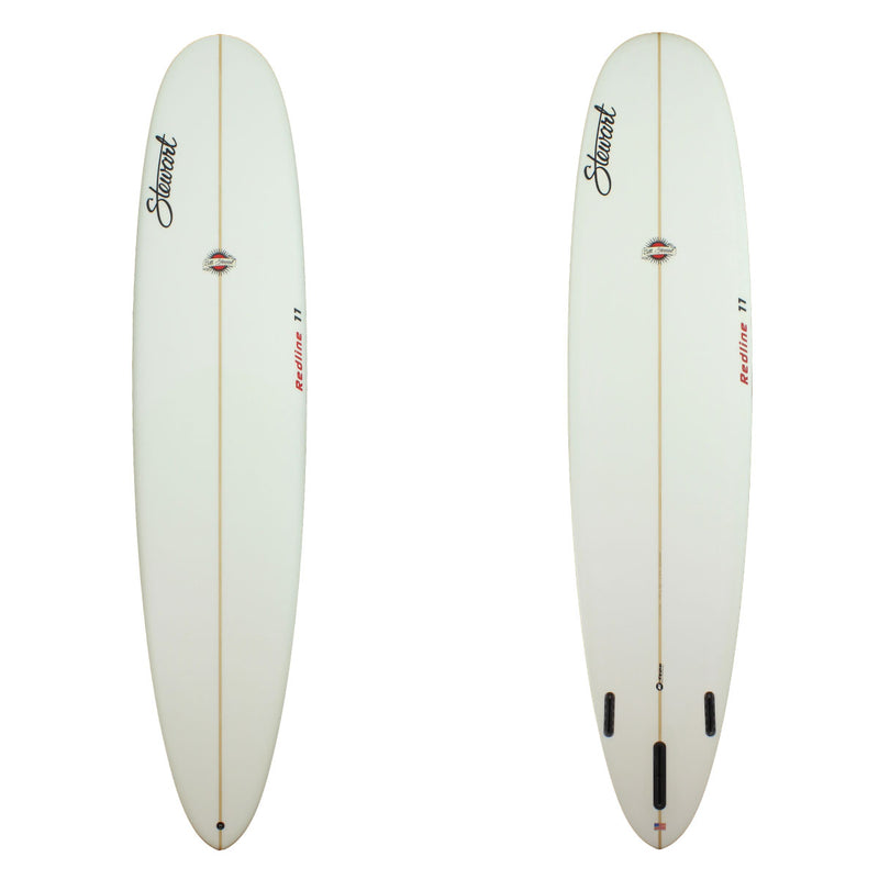 Deck and Bottom View of a stewart redline-11 longboard with red logos and no color work sand finish 